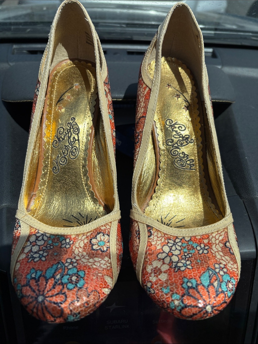 Naughty Monkey 🐒 Gold-Insole Floral Pumps in Coral and Teal - Women's Shoes